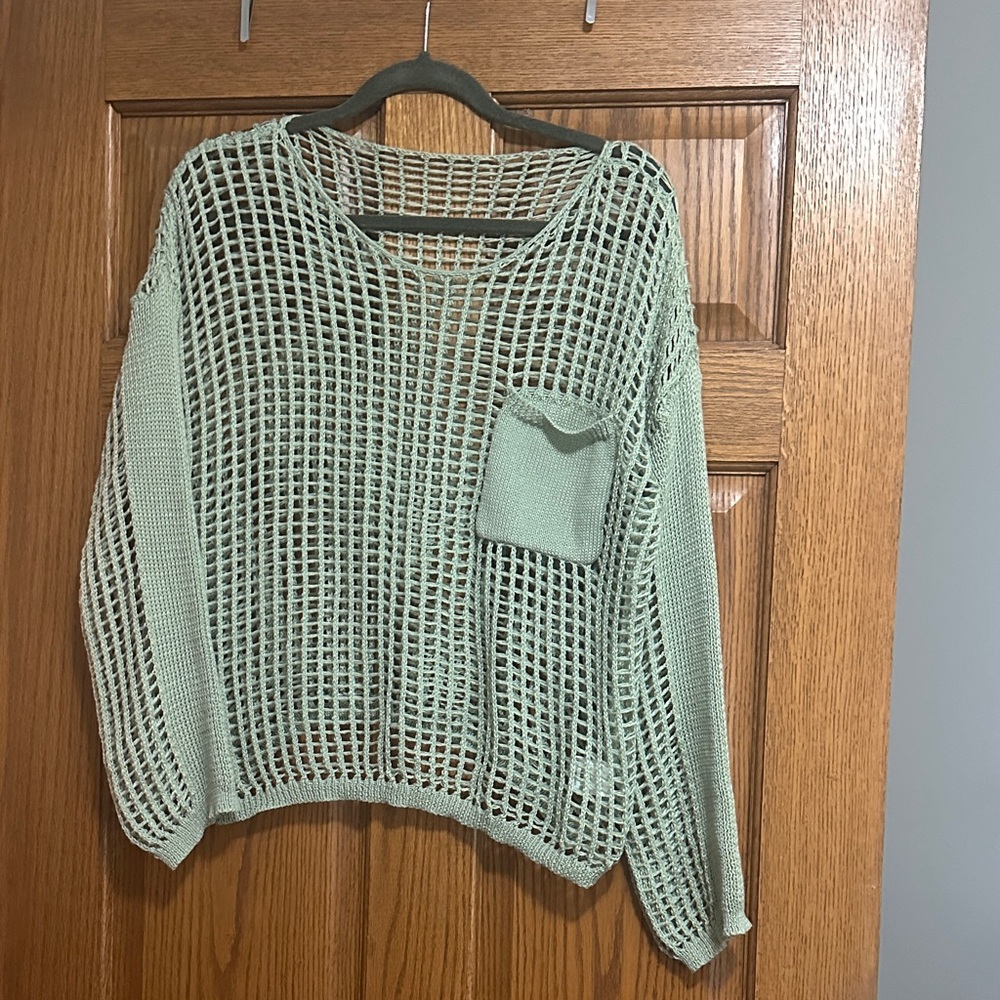 Mint Green Women's knit crochet long sleeve shirt